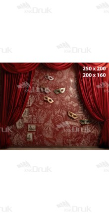 Tło karnawałowe teatralne z czerwonymi kotarami i maskami | K_188